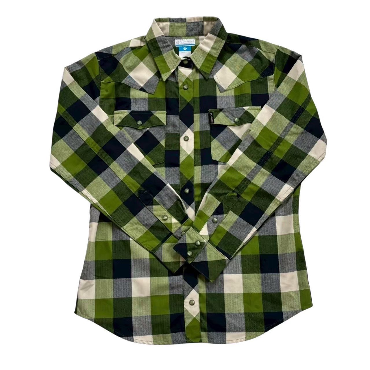 ［中古］Columbia コロンビア チェックワイシャツ 緑系 紺系 グリーン系 ネイビー系 シャツ チェック ワイシャツ メンズ Lサイズ カジュアル ポリエステル