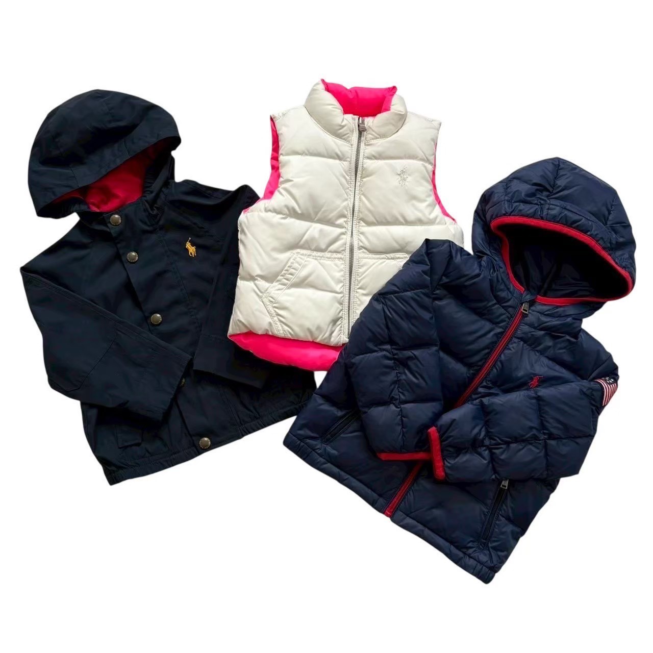 ［中古］Ralph Lauren ラルフローレン 落ちこむ上衣 リヴァーシブル 落ちこむより良い 薄っぺら上衣 3枚仕掛ける 紺 サクラ色 白 米国海軍 白いこと リヴァーシブル  厚地の外套 アウター 24M 75糎 2/2T 90糎
