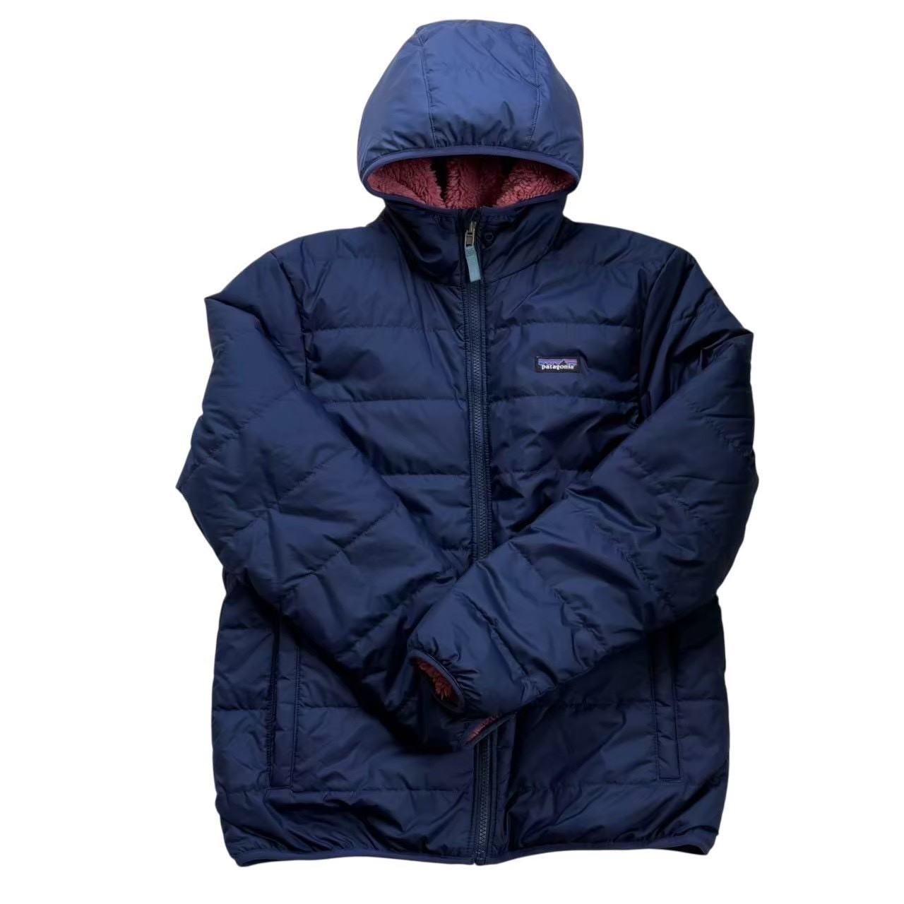 【中古】patagonia パタゴニア リバーシブルフリースジャケット ピンク アウター 上着 フリース ダウン ワンポイント　レディースM メンズS XXL 16-18