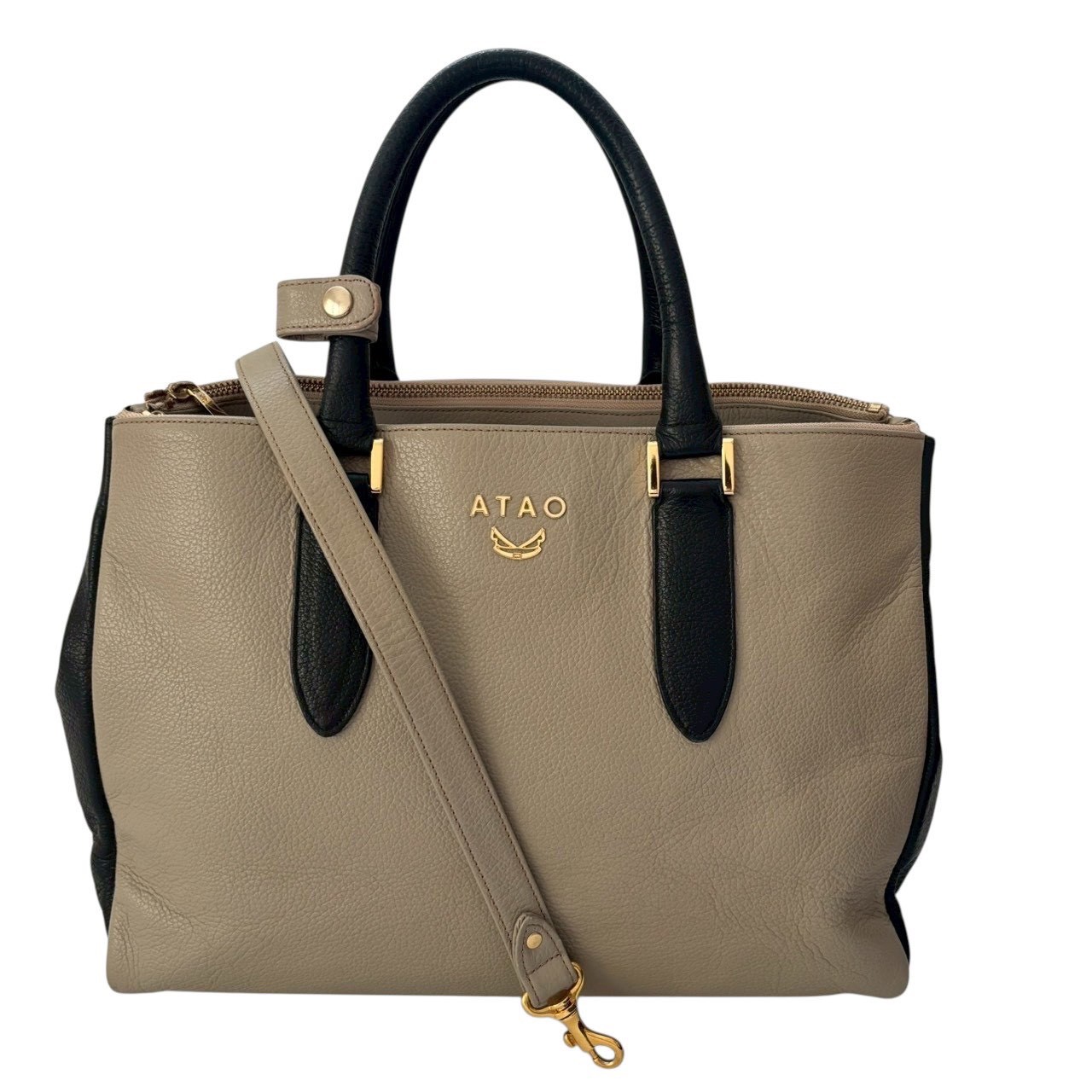 ［中古］ATAO アタオ レディース 2WAY ハンドバッグ ショルダーバッグ レザー 本革 ブラック ベージュ ゴールド金具 バイカラー ブランドバッグ｜総合ブランドリユースClimb