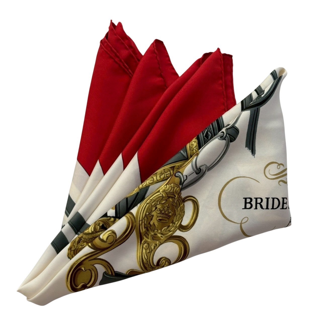 ［中古］HERMES エルメス カレ90 BRIDES de GALA 大判えり巻き 袈裟 地絹100% 三尺帯柄 天使 画題 赤いこと 白いこと ゴールド 薄墨色 レディース 御前上等 ブランド名 フランス共和国製 一般受け ヴィンテージ ご機嫌ブランド名