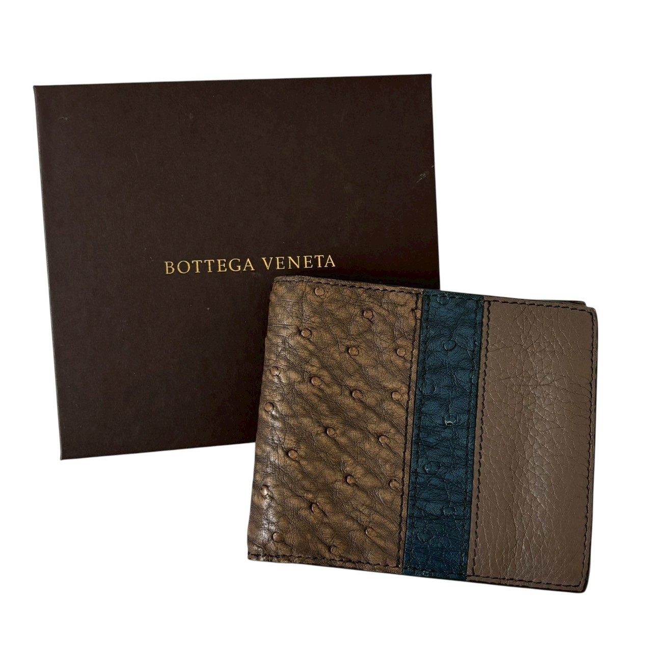 ［中古］BOTTEGA VENETA ボッテガヴェネタ 財布 二つ折り財布 折財布 札入れ コンパクトウォレット オーストリッチレザー グレー系 ブルー ユニセックス ハイブランド｜総合ブランドリユースClimb
