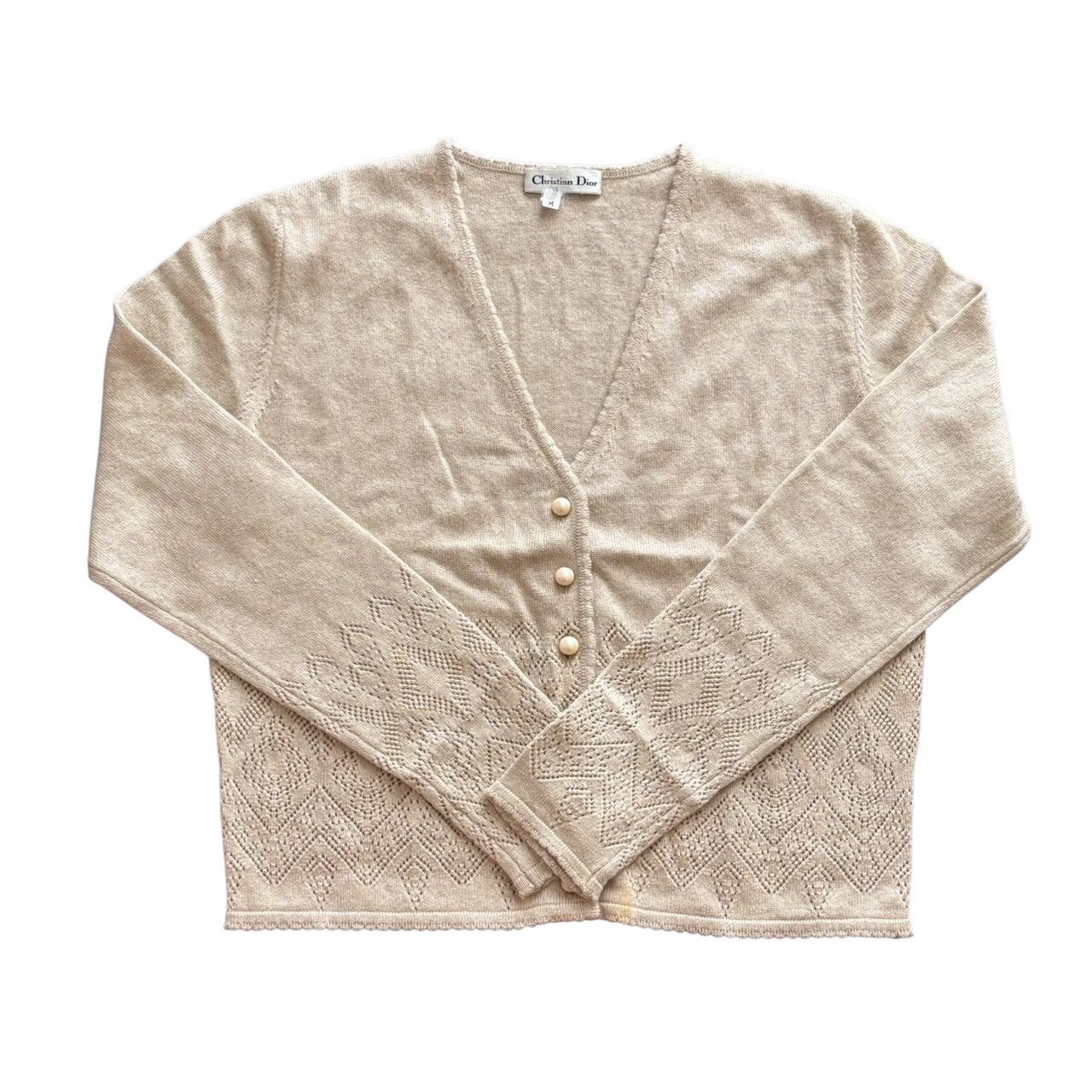 ［中古］Christian Dior クリスチャンディオール 透かし編み カーディガン レディース Mサイズ Vネック ウール シルク混 ベージュ 長袖 ニット パール調ボタン エレガント 上品 高級ブランド 羽織り 春秋冬 トップス｜総合ブランドリユースClimb
