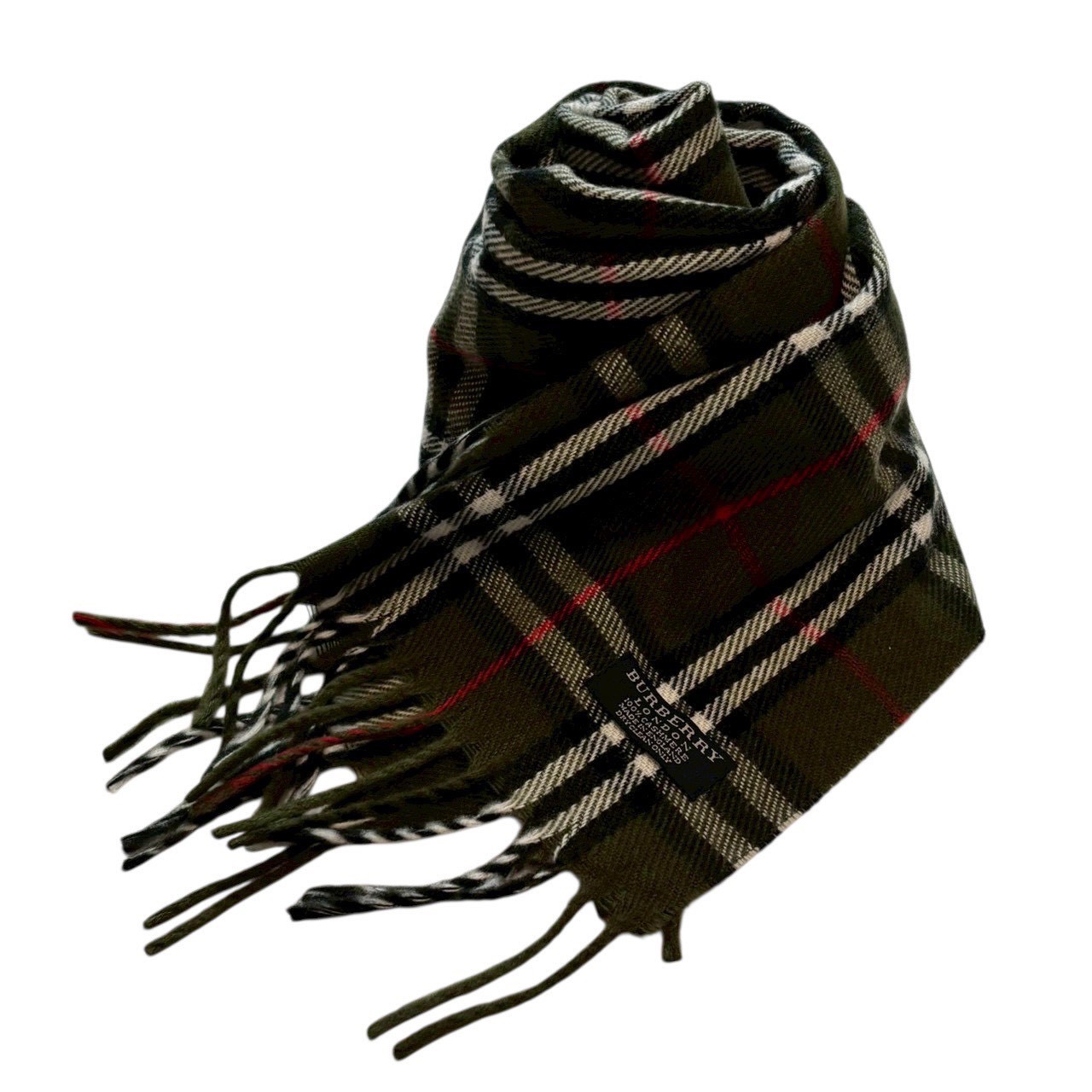 ［中古］BURBERRY LONDON バーバリーロンドン カシミヤ マフラー ノバチェック カーキ レッド ブラック ホワイト フリンジ チェック柄 カシミア メンズ レディース ユニセックス 防寒 ストール 秋冬 定番 人気 ブランド小物｜総合ブランドリユースClimb