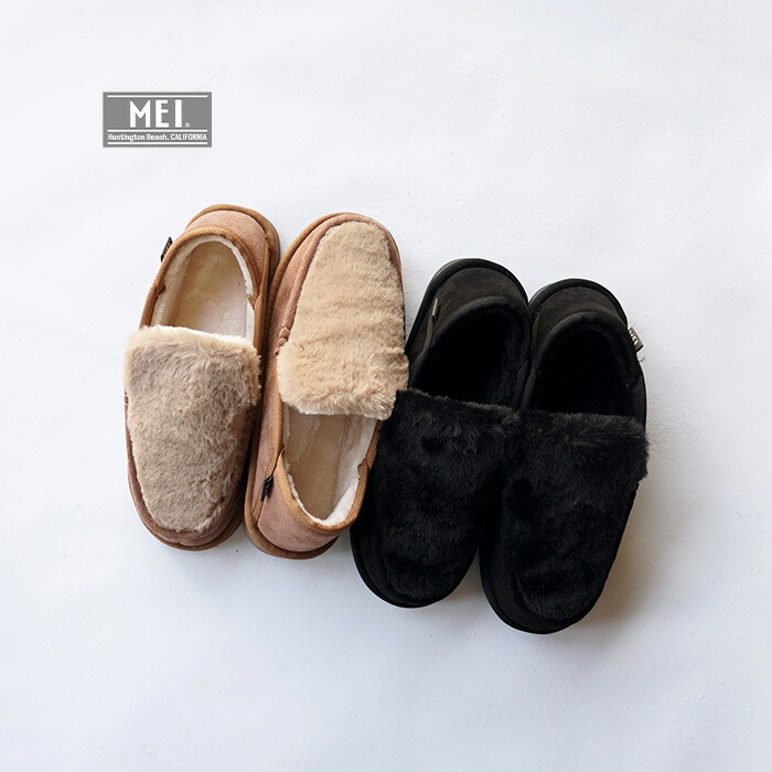 MEI メイ 冬用 サンダル FUR SLIPON ファースリッポン MEI-SHL-243013 ファーシューズ レディース 女性 外履き 暖かい スリッポン 外用 つっかけ キャメル ブラック Mサイズ Lサイズ サンダル 2way フリース ドローコード 23.5cm 24cm 24.5cm 25cm