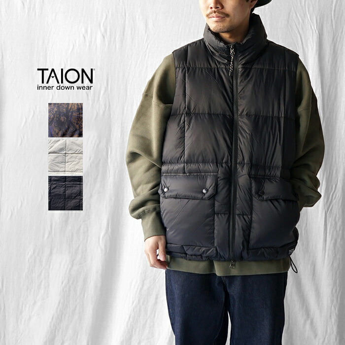 TAION タイオン 落ちこむより良い MOUNTAIN PACKABLE VOLUME DOWN VEST お山 パッカブル 音の大きさ 落ちこむ より良い TAION-002VZMT 防寒 情の籠もった メンズ 今めかしい ブランド名 軽さ たわい無い 内燃機関薄墨色 黒いこと S大きさ M大きさ L大きさ XL大きさ ドローコード