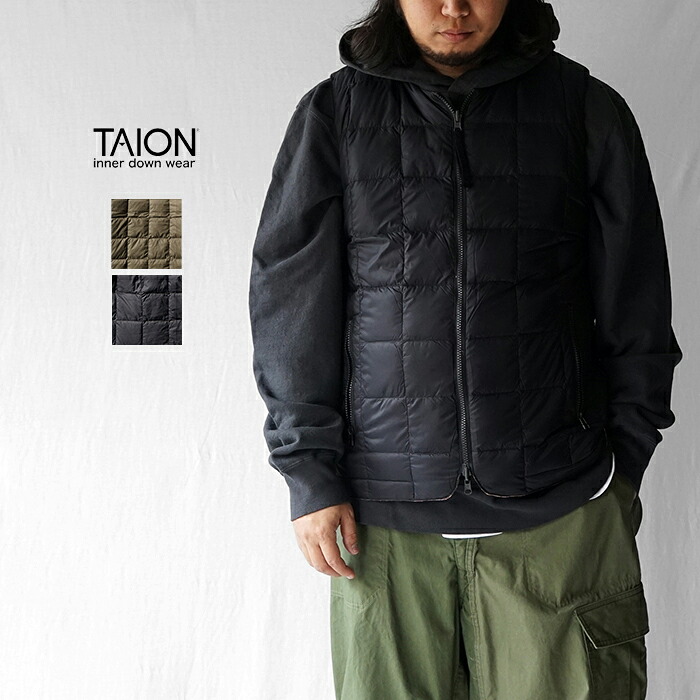 TAION &times; Universal Works タイオン&times;ユニバーサルワークス ダウン ベスト REVERSIBLE MILITARY DOWN VEST リバーシブル ミリタリー ダウンベスト UW-TA-R004Z メンズ おしゃれ ブランド ナイロン オリーブ ブラック 襟無し 収納袋付き｜KEE SHOP