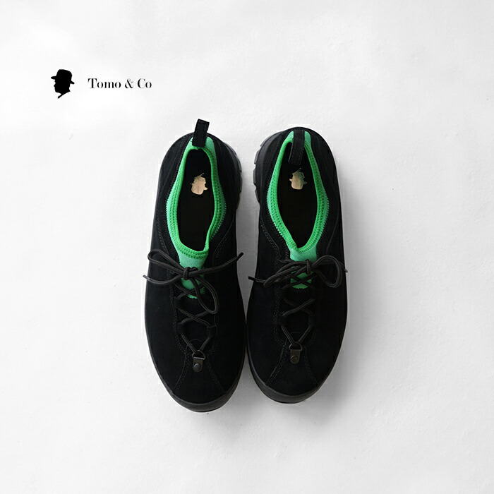 【30%OFF大売り出し】Tomo\u0026Co トモアンドシーオー SHOELACE BAKE - BLACK×GREEN シューレースベイク TMTK-S-0057 スエードクロス ネオプレーン トレッキングシューズ スニーカー なめし革シューズ 革 なめし革 シューズ メンズ 黒いこと 置き目とり捨てる 26糎 27糎 ビブラムソール 今めかしい