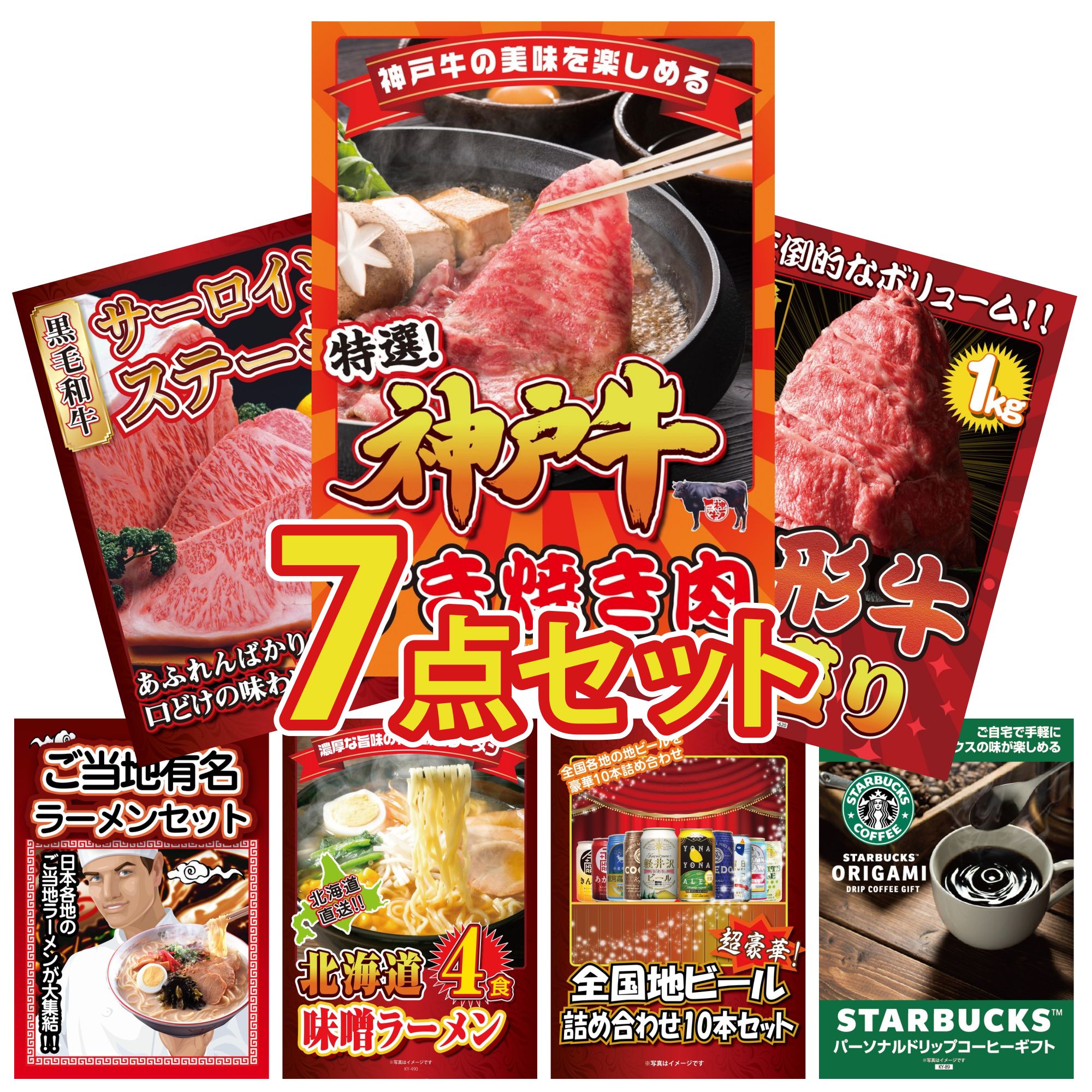 景品 パネル 目録 7点セット 神戸牛 すき焼き 山形牛 1kg 国産牛 サーロインステーキ 全国 ご当地ラーメン 北海道 味噌 ラーメンセット ビンゴ 結婚式 二次会 披露宴 会社イベント ゴルフコンペ 忘年会 抽選会