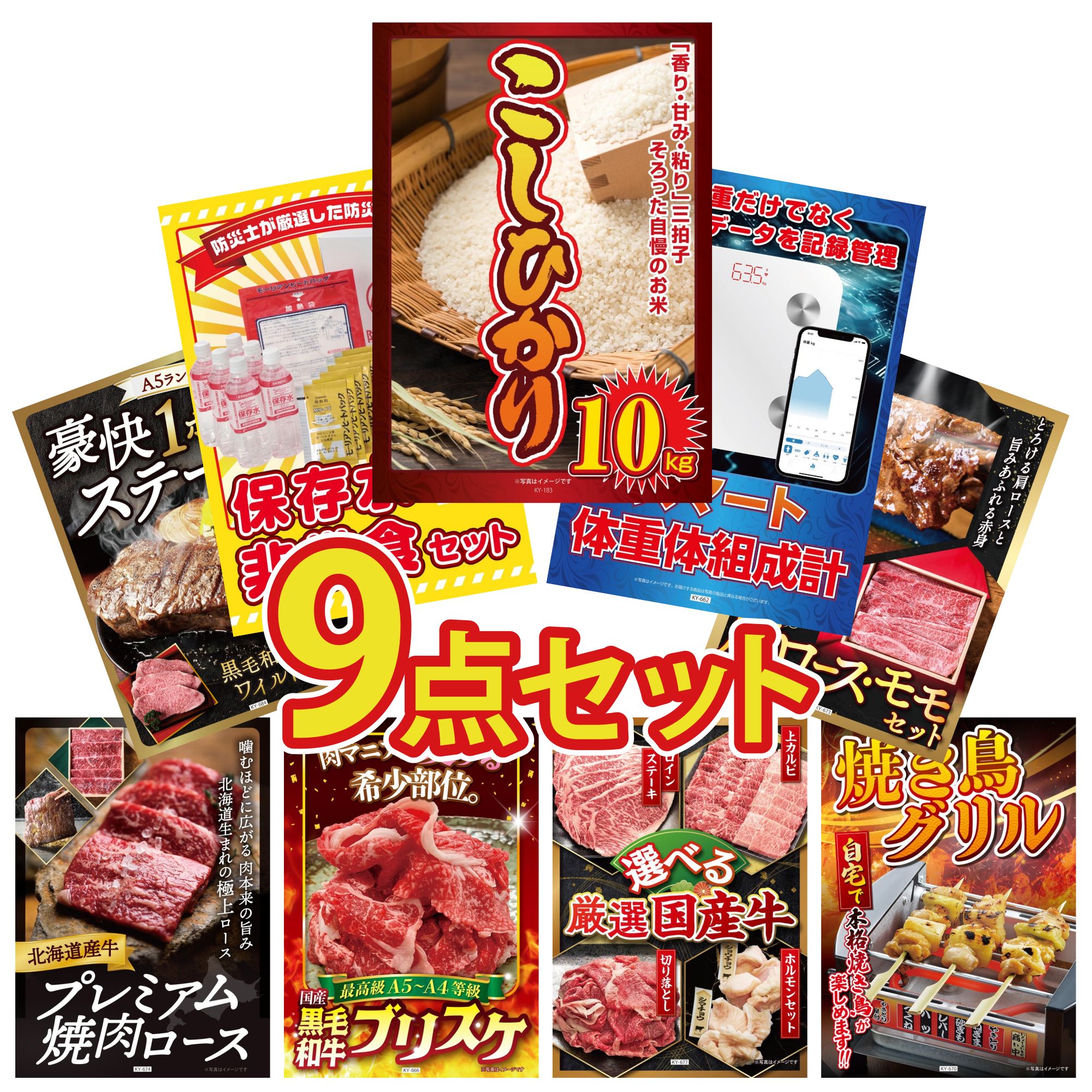 景品 パネル 目録 9点セット DIRECT 非常食 体組成計 コシヒカリ 10kg 松阪牛 肩ロース モモ 黒毛和牛 1ポンド ステーキ ビンゴ 結婚式 二次会 披露宴 会社イベント ゴルフコンペ 忘年会 抽選会