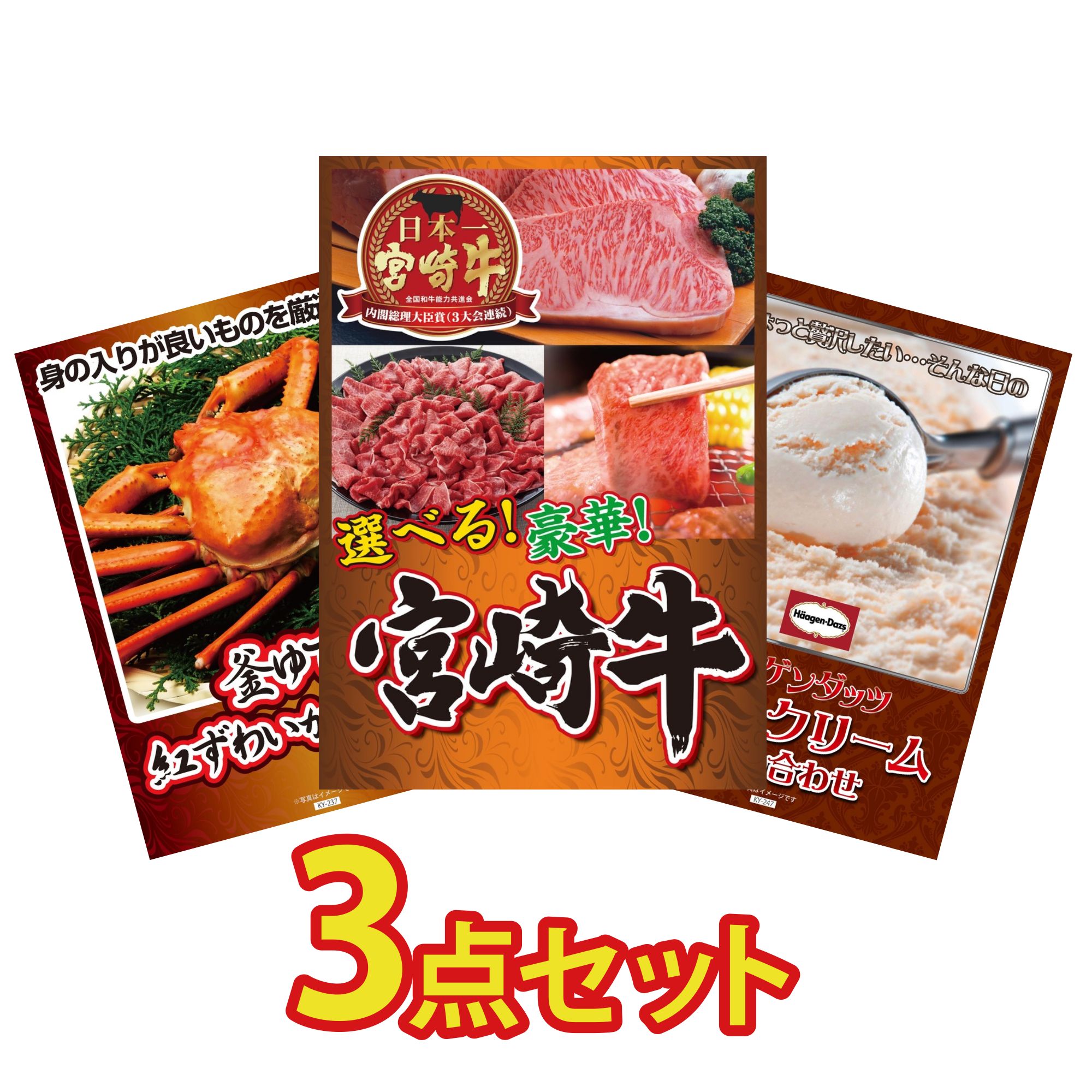 【ポイント10倍★要エントリー】景品 パネル 目録 3点セット 選べる 宮崎牛 紅ズワイガニ 1kg ハーゲンダッツ アイス ビンゴ 結婚式 二次会 披露宴 会社イベント ゴルフコンペ 忘年会 抽選会｜景品のことなら景品パラダイス