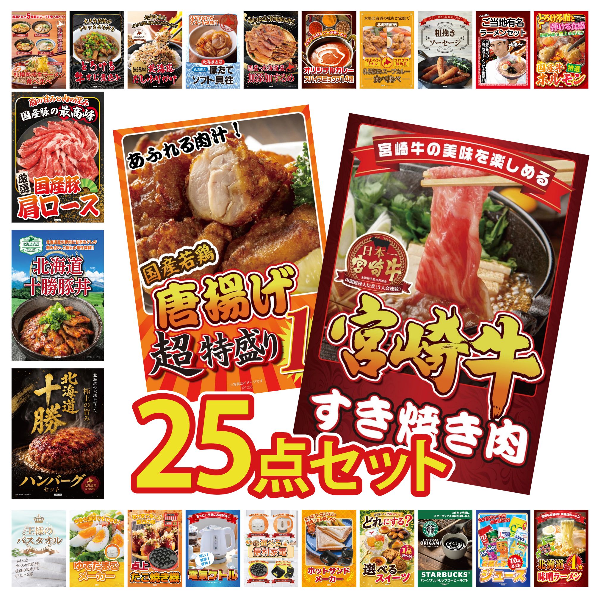 景品 パネル 目録 25点セット 宮崎牛 すきやき肉 唐揚げ 1kg 北海道 十勝 ハンバーグ 十勝 豚丼 国産 豚 肩ロース ビンゴ 結婚式 二次会 披露宴 会社イベント ゴルフコンペ 忘年会 抽選会