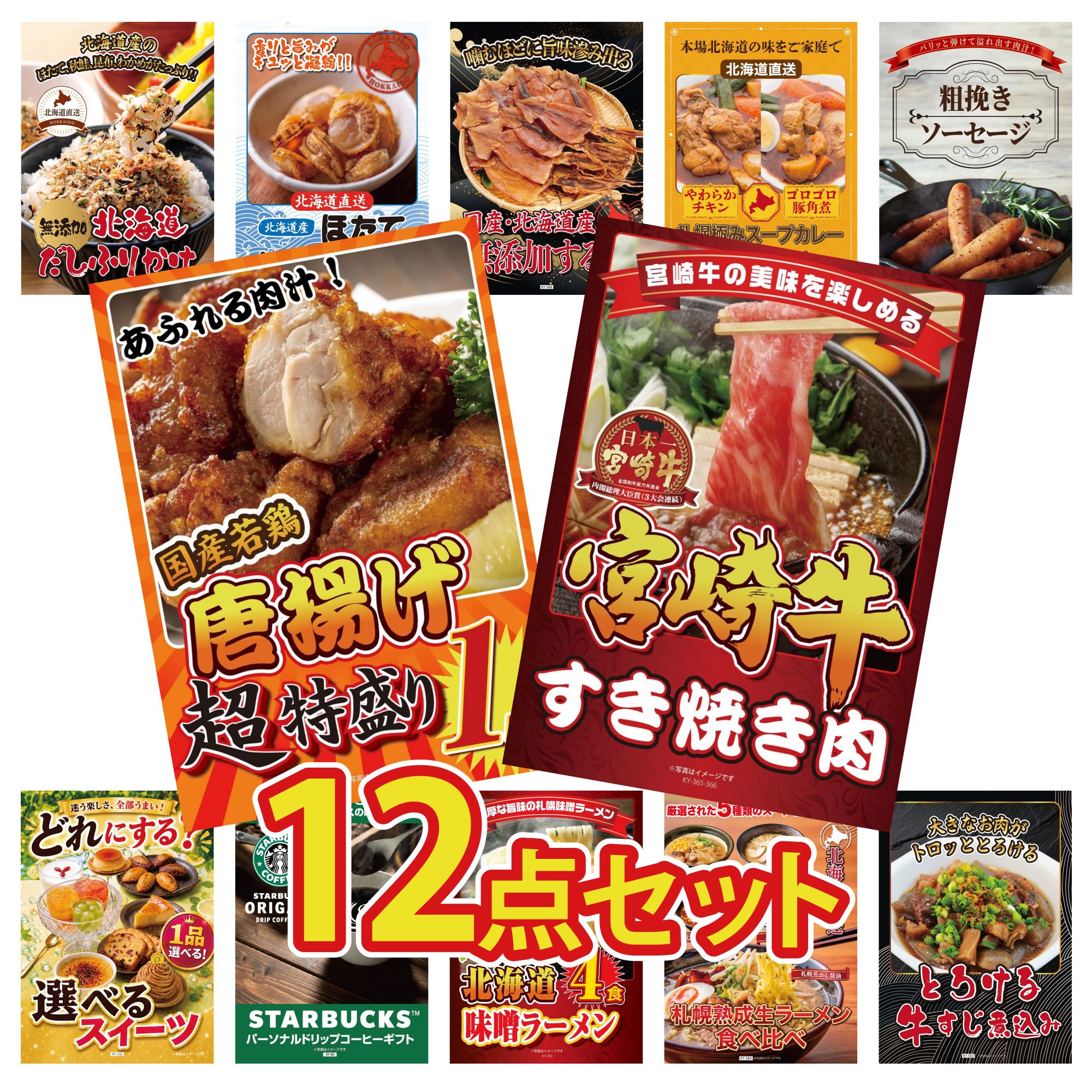景品 パネル 目録 12点セット 宮崎牛 すきやき肉 唐揚げ 1kg ソーセージ 札幌 スープカレー 北海道するめ ビンゴ 結婚式 二次会 披露宴 会社イベント ゴルフコンペ 忘年会 抽選会