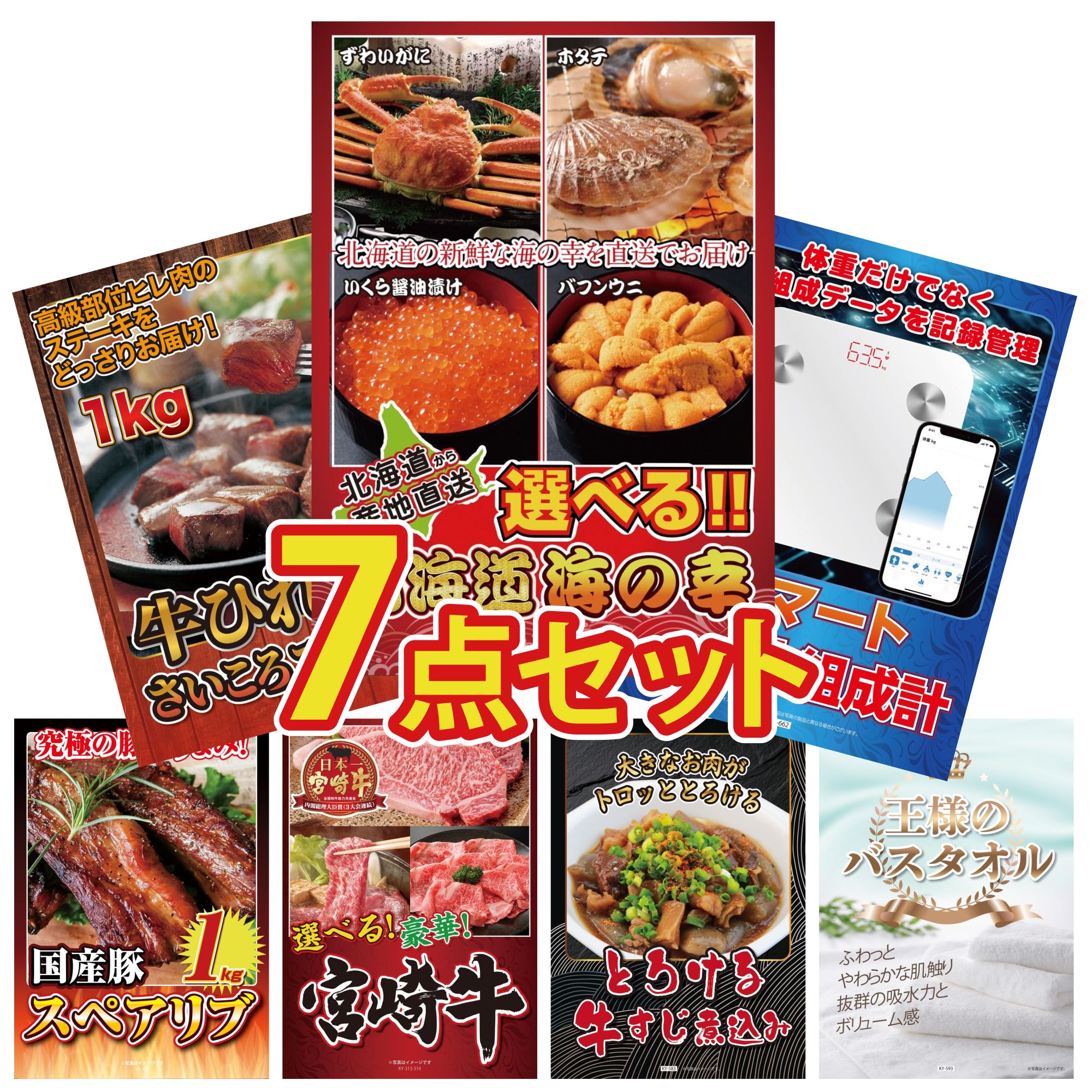 【ポイント10倍★要エントリー】景品 パネル 目録 7点セット 選べる 北海道 海の幸 体組成計 牛ヒレ サイコロステーキ 1kg 国産 スペアリブ 1kg 選べる 宮崎牛 ビンゴ 結婚式 二次会 披露宴 会社イベント ゴルフコンペ 忘年会 抽選会|景品のことなら景品パラダイス