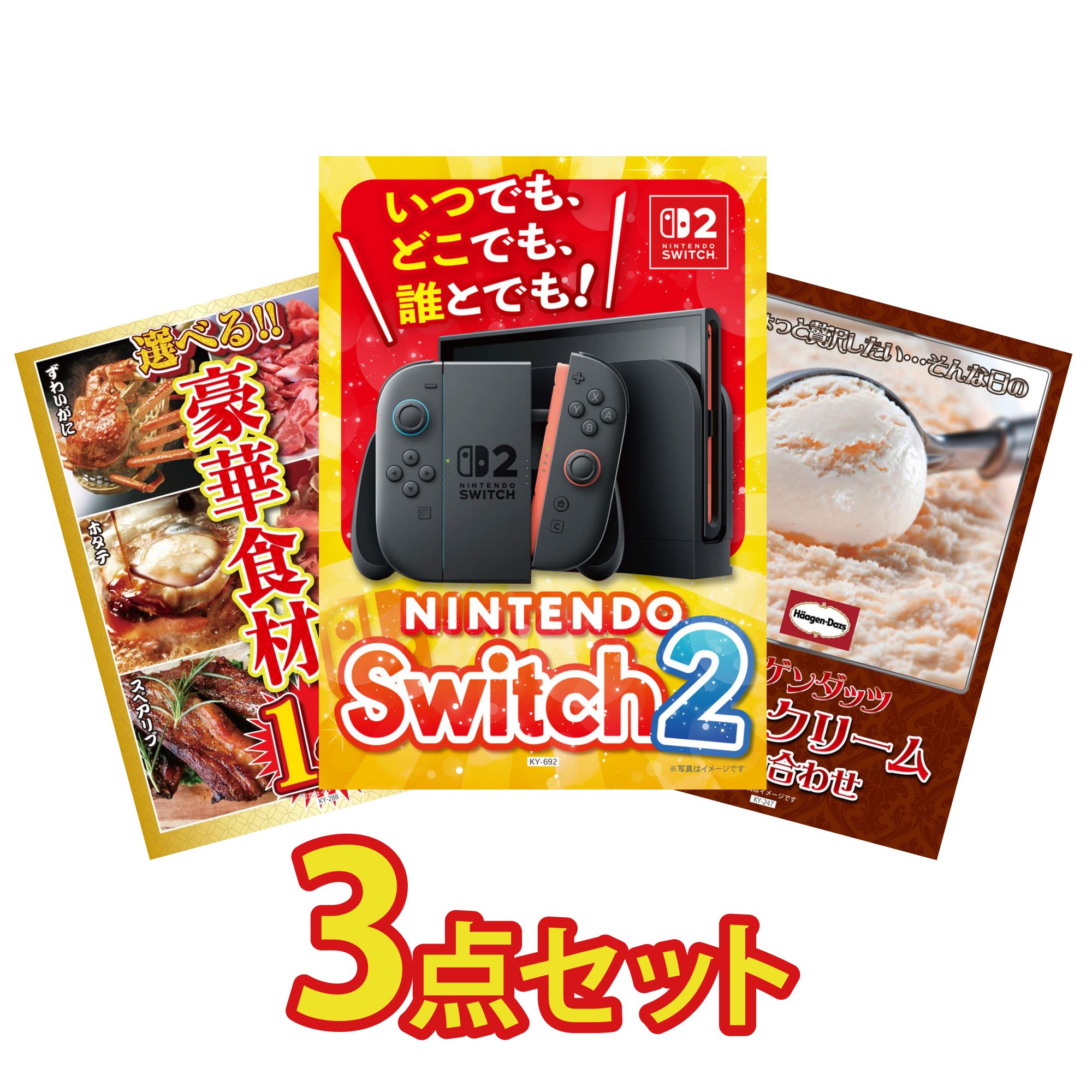 【ポイント10倍★要エントリー】景品 パネル 目録 3点セット Nintendo Switch 2 A3パネル 選べる 豪華食材 1kg ハーゲンダッツ アイス ビンゴ 結婚式 二次会 披露宴 会社イベント ゴルフコンペ 忘年会 抽選会|景品のことなら景品パラダイス