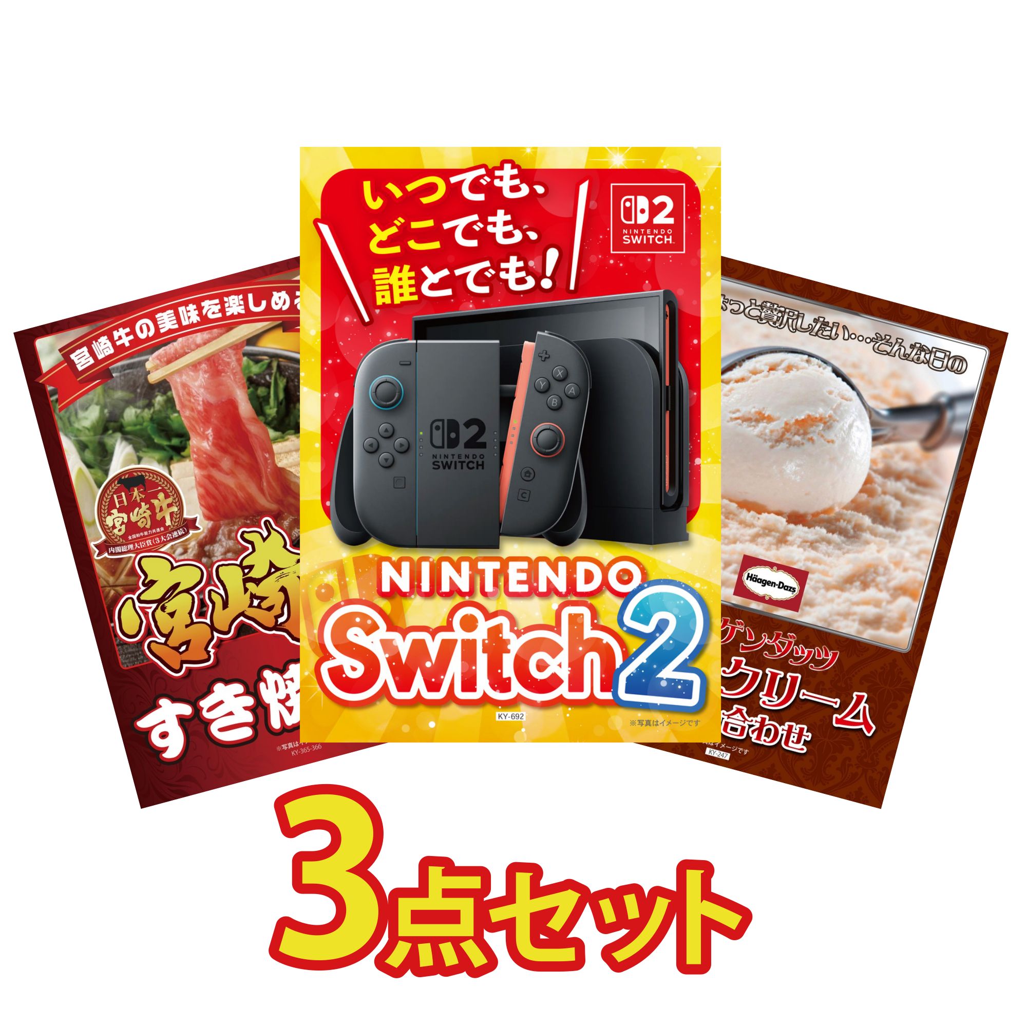【ポイント10倍★要エントリー】景品 パネル 目録 3点セット Nintendo Switch 2 A3パネル 宮崎牛 すきやき肉 ハーゲンダッツ アイス ビンゴ 結婚式 二次会 披露宴 会社イベント ゴルフコンペ 忘年会 抽選会｜景品のことなら景品パラダイス
