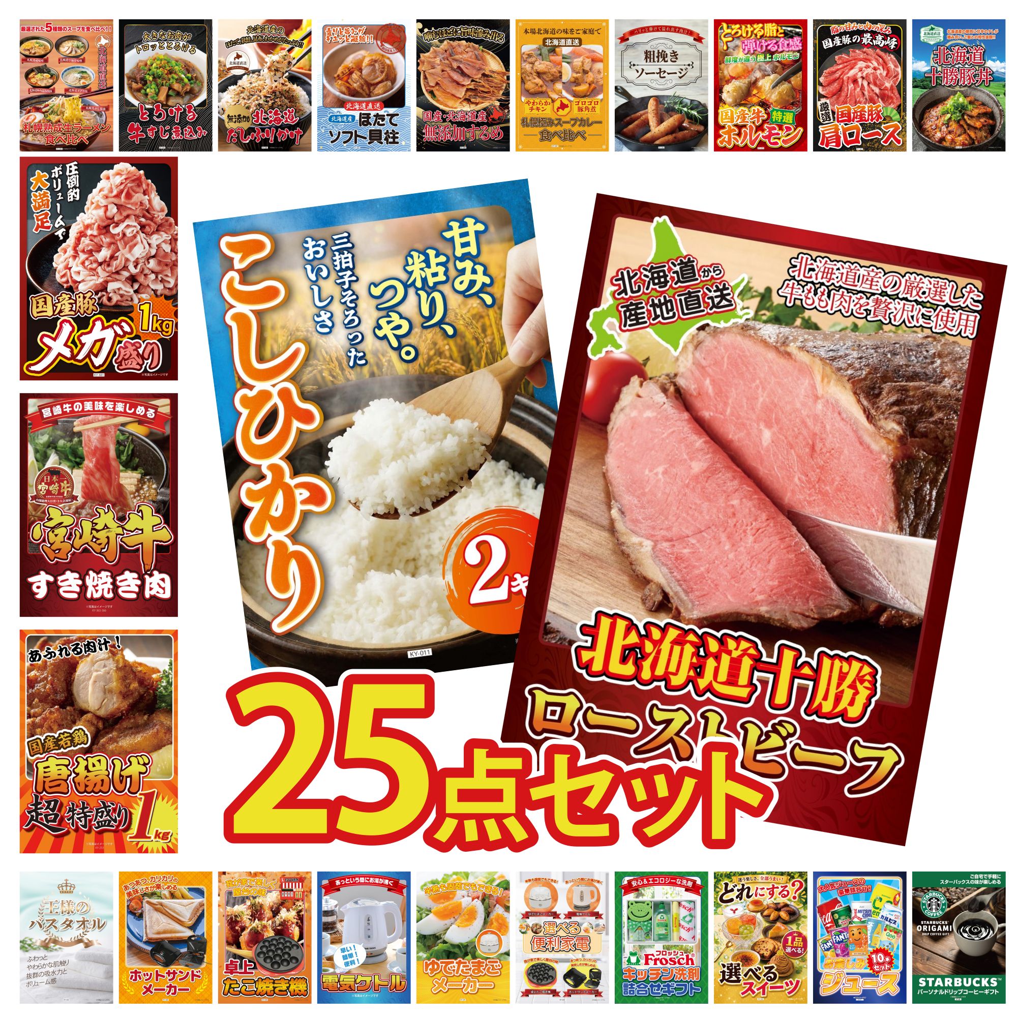 景品 パネル 目録 25点セット 十勝 ローストビーフ 魚沼産 コシヒカリ 2kg 唐揚げ 1kg 宮崎牛 すきやき肉 国産 豚 1kg ビンゴ 結婚式 二次会 披露宴 会社イベント ゴルフコンペ 忘年会 抽選会
