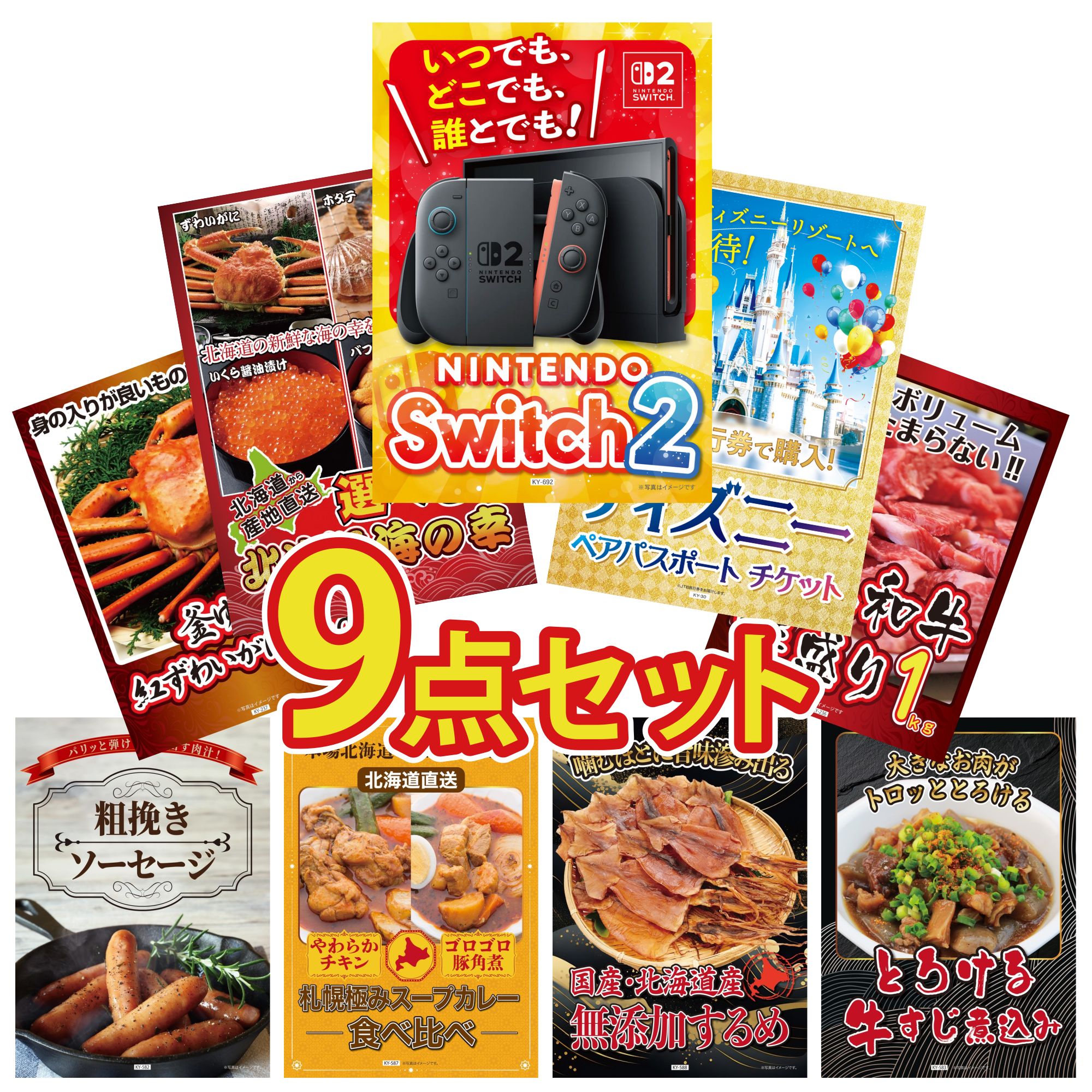 【ポイント10倍★要エントリー】景品 パネル 目録 9点セット Nintendo Switch 2 A3パネル ディズニー ペア チケット 選べる 北海道 海の幸 黒毛和牛 1kg 紅ズワイガニ 1kg ビンゴ 結婚式 二次会 披露宴 会社イベント ゴルフコンペ 忘年会 抽選会|景品のことなら景品パラダイス