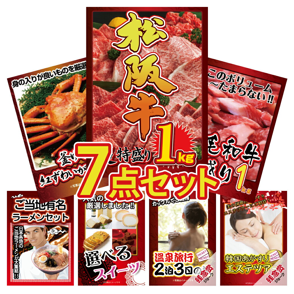 【ポイント10倍！27日迄】景品 パネル 目録 7点セット 松阪牛 国産 ブランド牛 かに カニ 蟹 1kg 和牛 すき焼き ラーメン ジョーク 目録 ビンゴ 結婚式 二次会 披露宴 会社イベント ゴルフコンペ 忘年会 抽選会