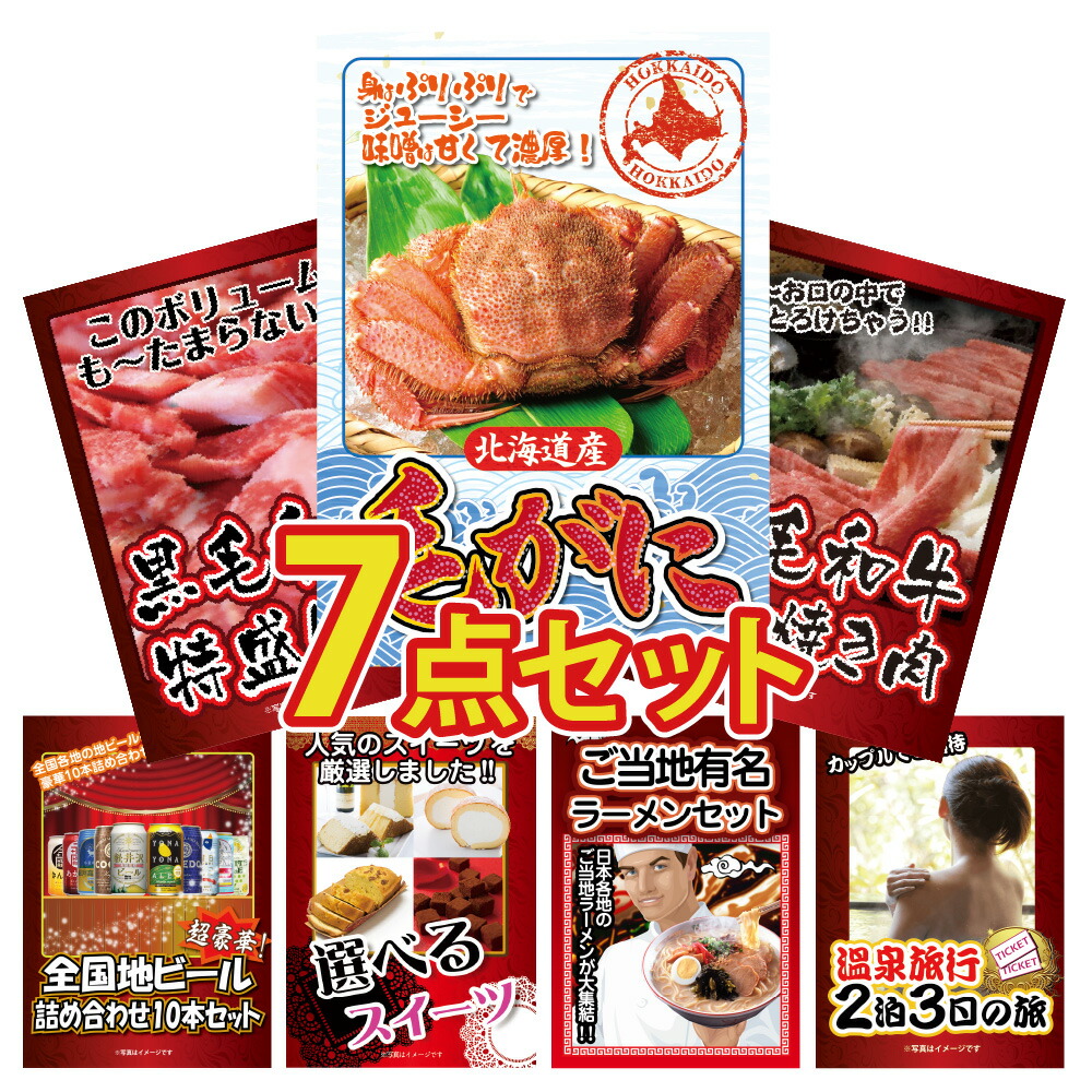 【ポイント10倍！27日迄】景品 パネル 目録 7点セット 海鮮 産直 メガ盛り 毛蟹 毛ガニ 黒毛 和牛 すき焼き ビール 地ビール 目録 ビンゴ 結婚式 二次会 披露宴 会社イベント ゴルフコンペ 忘年会 抽選会