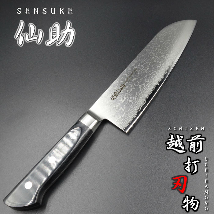 仙助 包丁 三徳包丁 ダマスカス モリブデン・バナジウム鋼 ステンレス 口金付黒合板柄|啓仁刃物 店