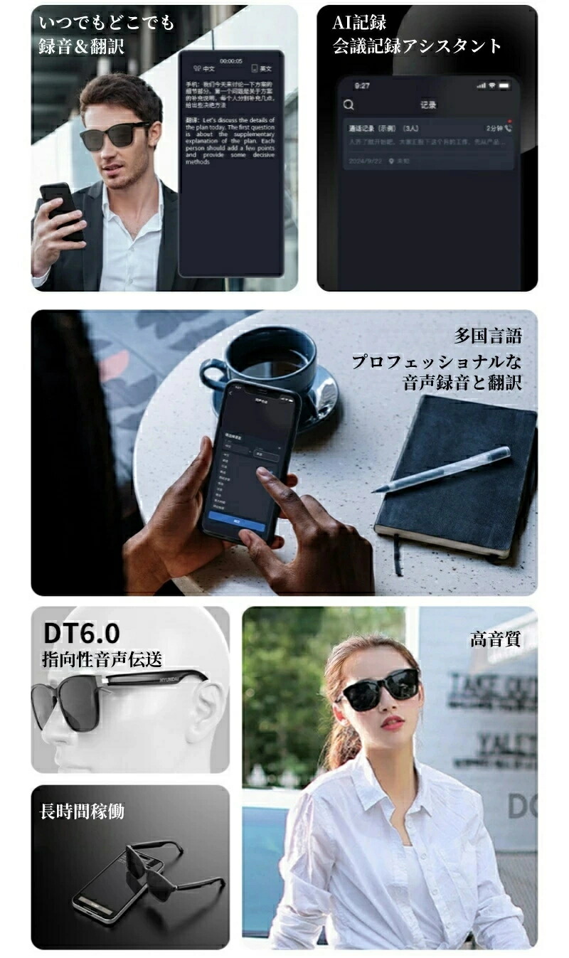 スマートグラス AIメガネ ブルートゥースメガネ 眼鏡 言語翻訳 144言語をサポート 翻訳メガネ 同時通訳メガネ 録音 AI会議記録 AIアシスタント メガネ 旅行 ビジネス 勉強用 おもしろ ユニック