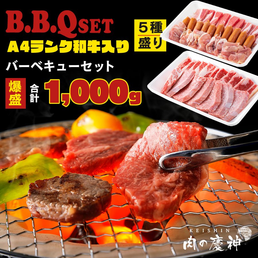 A4ランク 和牛入り バーベキュー セット 肉 食材 1kg ( 九州産和牛・牛肉・鶏肉・豚肉・ソーセージ 各200g)合計 1000g  食の都 福岡の卸し問屋より直送  bbq