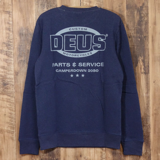 デウスエクスマキナ トレーナー CHOP SHOP CREW クルーネック スウェット 裏起毛 長袖 ネイビー 紺 DEUS EX MACHINA DMF2081317