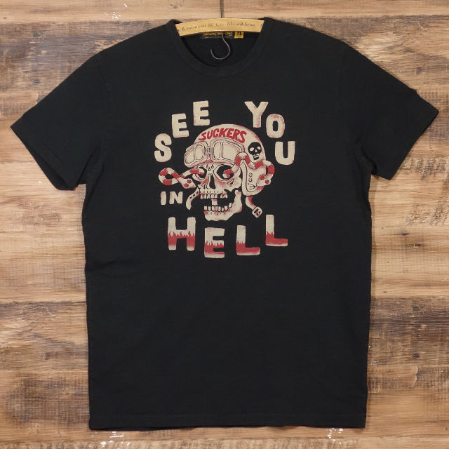ジョンソンモータース ティーシャツ Johnson Motors SEE YOU IN HELL 黒いこと 半袖 メンズ アメカジ 自動二輪車 平板出どころ
