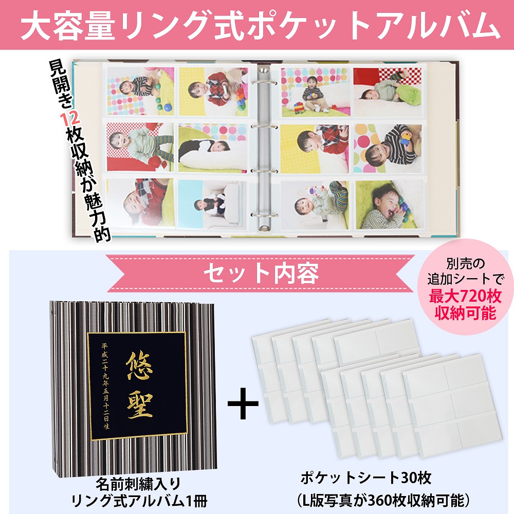 大流行中 楽天市場 赤ちゃん ベビー アルバム 漢字 名入れ 黒茶系ストライプ 中シート白色 お名前 刺繍 ポケットアルバム 360枚 シート追加で最大7枚収納 名前 誕生日が表紙に刺繍で入る出産祝いにぴったり ベビーから結婚式のアルバム屋さん 限定製作