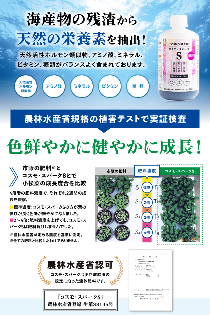 7024円 特価商品 液体肥料 コスモ スパークs 900ml 原液 農林水産省認可 肥料 液肥 活力剤 観葉植物 薔薇 バラ 野菜 果物 花 いちご ブルーベリー レモン オリーブ 家庭菜園 水耕栽培 葉面散布 植物 樹木 ガーデニング プランター