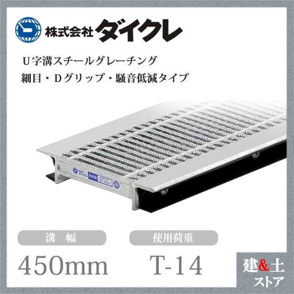 ダイクレ U字溝グレーチング 溝幅450用 所せまい(D手持ち部分・DF天然ゴム付) T-14 スチール写真製 D1FU44R45