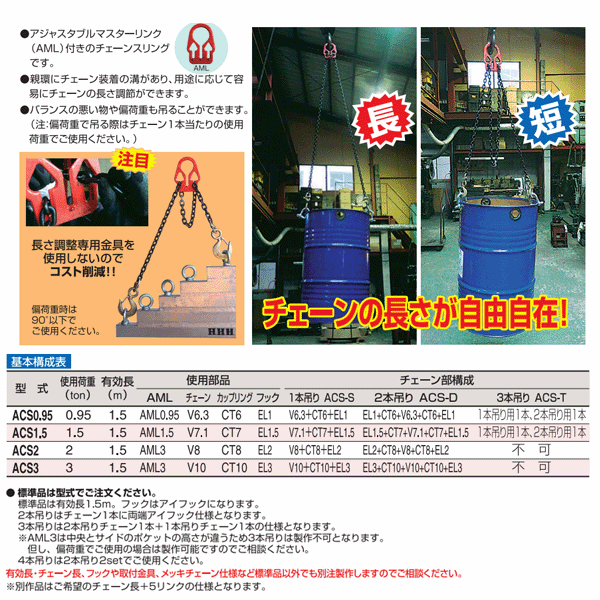 週間売れ筋 スリーエッチ アジャスタブルチェーンスリング ACS0.95-D 2本吊り 使用荷重0.95t 有効長1.5m HHH fucoa.cl