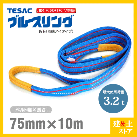 TESAC ブルースリング 75mm×10m(荷重3.2t) JIS4等級 両端アイタイプ ナイロンスリング テザック ベルトスリング 吊具 揚重|建築土木ストア