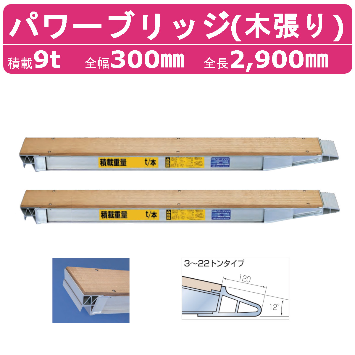 日軽金アクト パワーブリッジ 9t 2本セット アングル式 NP09-29 木張り 建機 重機 農機 アルミブリッジ アルミ板 道板 ラダーレール 歩み板 日軽 ユンボ 油圧ショベル バックホー ダンプ 積込 最大積載9ｔ 9トン 全長2900mm 2.9m 全幅300mm 鉄クロ ゴムクロ 乗用タイヤ 対応