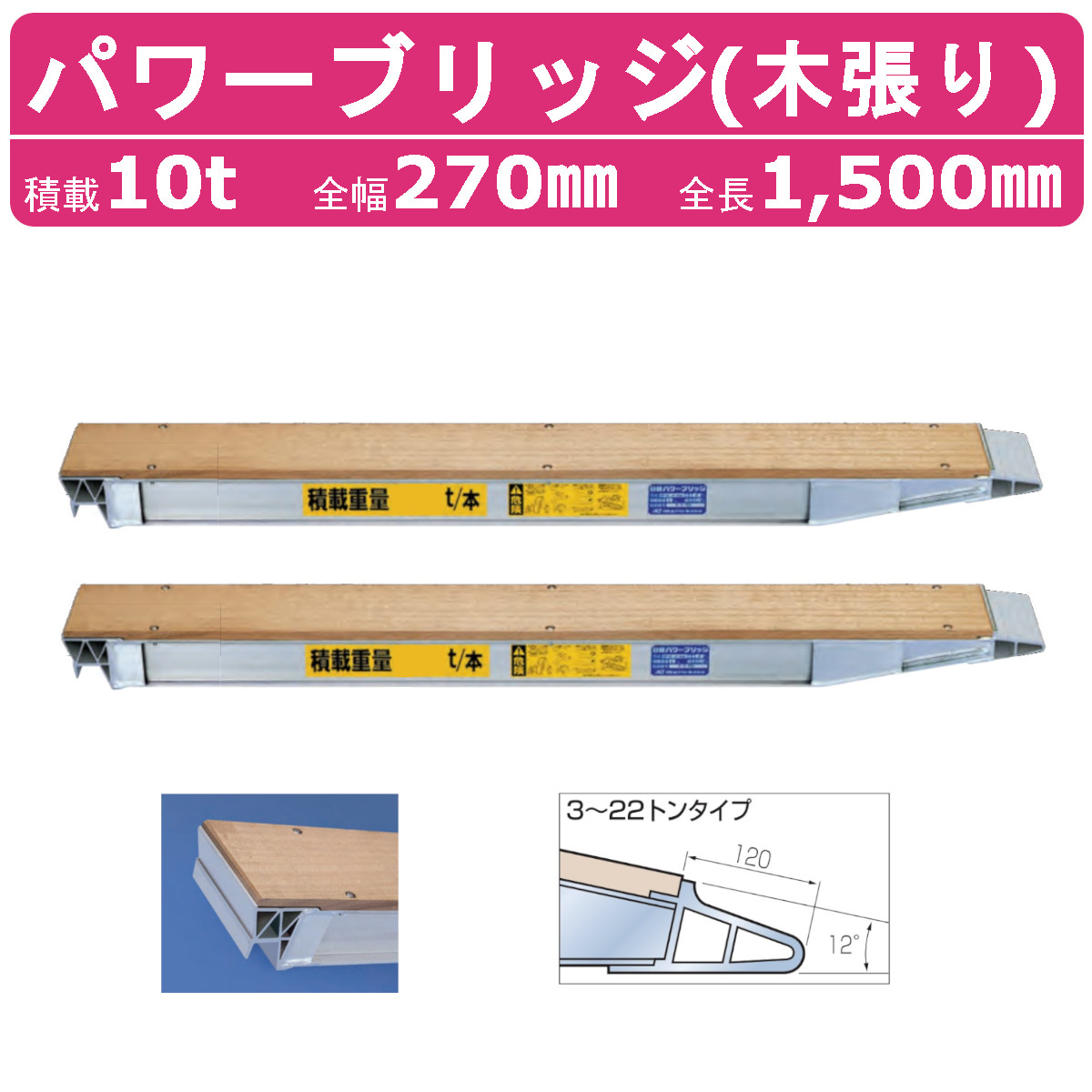 日軽金アクト パワーブリッジ 10t 2本セット アングル式 NP10-15 木張り 建機 重機 農機 アルミブリッジ アルミ板 道板 ラダーレール 歩み板 日軽 ユンボ 油圧ショベル バックホー ダンプ 積込 最大積載10t 10トン 全長1500mm 1.5m 全幅270mm 鉄クロ ゴムクロ 乗用タイヤ