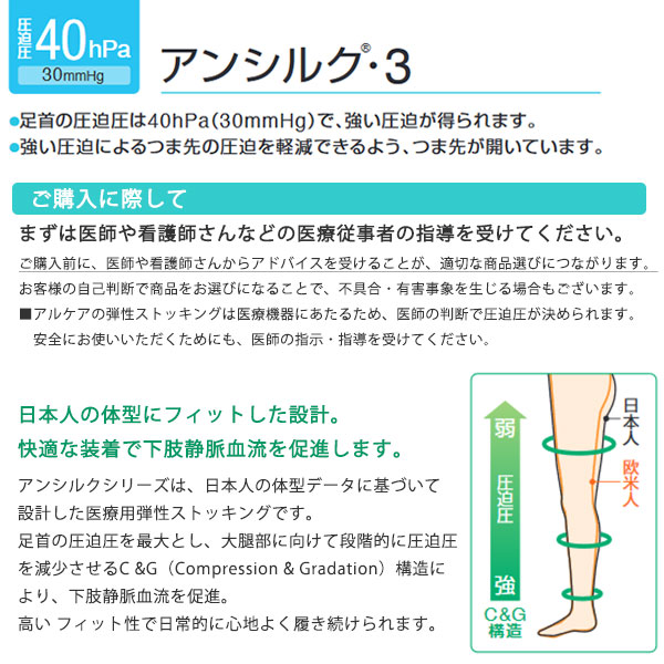 楽天市場 アンシルク3 アルケア 弾性ストッキング 医療用 ハイソックス つま先なし 一般医療機器 日本製 両足 着圧 強圧 加圧 膝下 ストッキング ソックス オープントゥ むくみ 疲れ 下肢静脈 ネコポス 送料無料 健康fan 楽天市場店