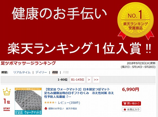 楽天市場 官足法 ウォークマット2 日本製足つぼマット 足もみ健康法むくみ 冷え性人気番組 アメ ーク に出ました 18年5月14日 5月日に足ツボマッサージ部門で楽天週間ランキング1位獲得 健康のお手伝い 楽天市場店