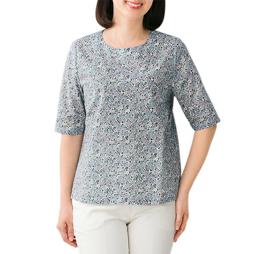 カットソー Tシャツ ブラウス レディース 花柄 丸首 日本製 綿100％ 小花柄プリントブラウス ブルー系 五分袖 婦人服 ミセス シニア 女性 コットン かわいい シニアファッション 40代 50代 60代 70代 80代 母の日 お母さん おばあちゃん 春物 夏物 春夏　fuji　p21436｜健康と快適生活　店