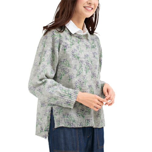 セーター ニット レディース シニア 秋冬 花柄 プリントセーター グレー系 ニット クルーネック 婦人服 ミセス 女性 ナチュラル かわいい シンプル 丸首 フラワー柄 灰色 シニアファッション 40代 50代 60代 70代 80代 90代 母の日 お母さん おばあちゃん 上品　nss　p20796｜健康と快適生活　店