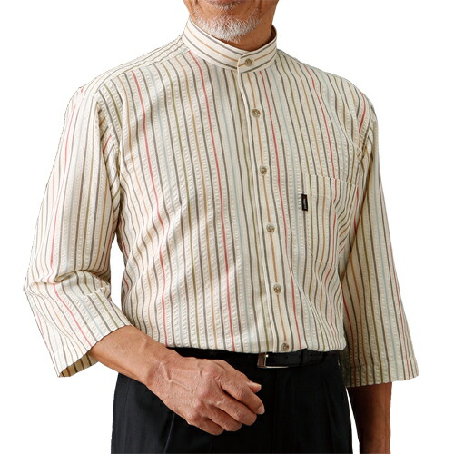 楽天市場】シャツ 七分袖 ネイビー グレー ストライプ メンズ シニア
