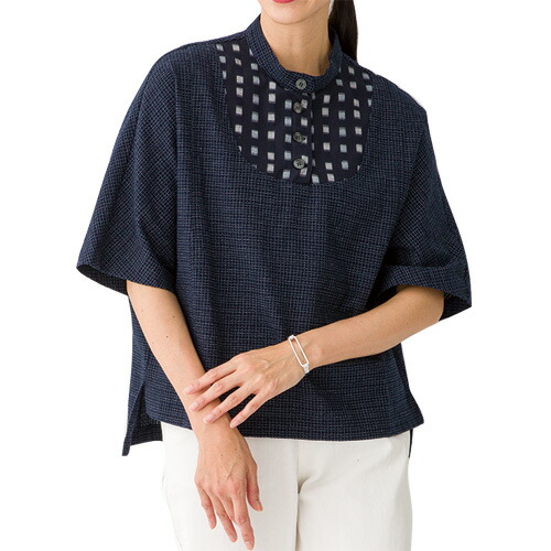 シャツ ブラウス レディース 日本製 ストライプ柄プリントロングブラウス 長袖 スタンドカラー 婦人服 ミセス シニア 女性 50代 60代 お母さん 紺　fuji　p24105 p24105-1.jpg