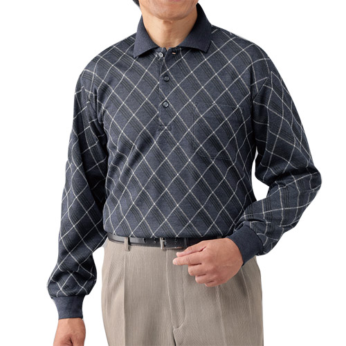 ポロシャツ 長袖 メンズ シニア 日本製 紳士 ウール入り 格子柄 ポロシャツ 2色組 紳士服 男性 カジュアルシャツ チェック柄 グリーン系 ワインレッド系 緑 赤 グレー シニアファッション 50代 60代 70代 80代 父の日 お父さん おじいちゃん 秋冬　natu　p20893　sai　p20998 p24938-1.jpg