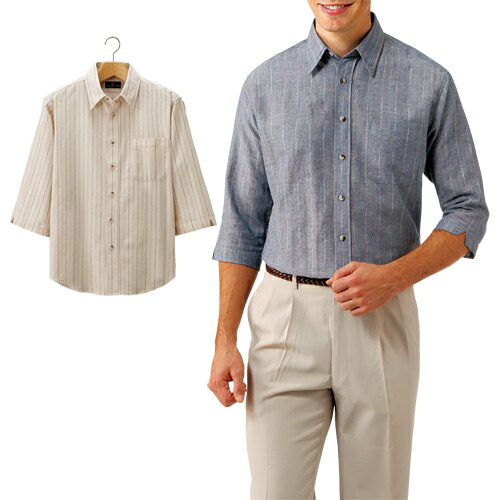 楽天市場】シャツ 七分袖 ネイビー グレー ストライプ メンズ シニア