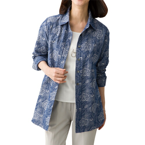 シャツ ブラウス レディース 日本製 ストライプ柄プリントロングブラウス 長袖 スタンドカラー 婦人服 ミセス シニア 女性 50代 60代 お母さん 紺　fuji　p24105 p24105-1.jpg
