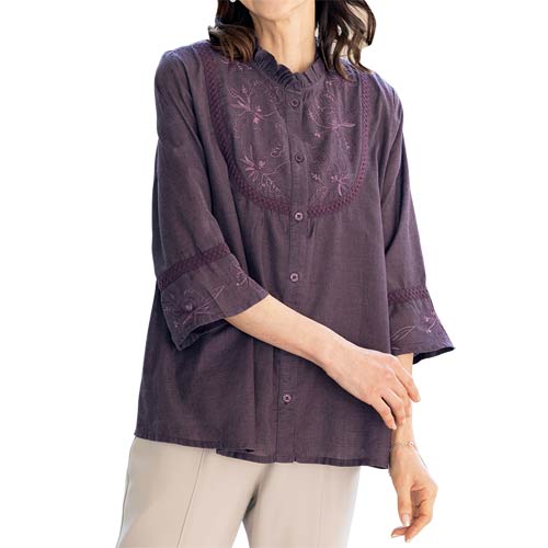 楽天市場】ブラウス 前開き 七分袖 丸首 スモック レディース 袖レース