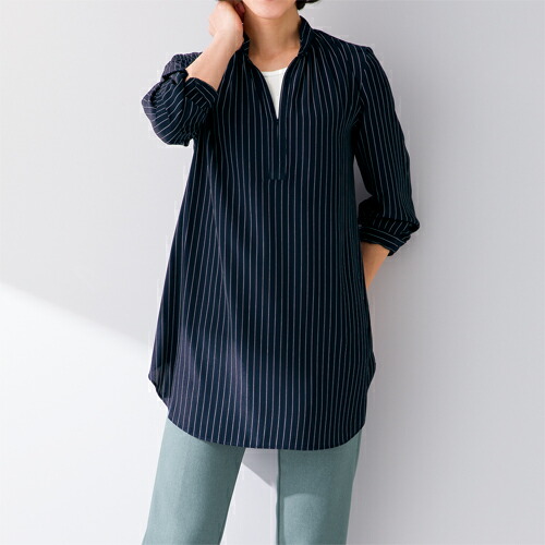 シャツ ブラウス レディース 日本製 ストライプ柄プリントロングブラウス 長袖 スタンドカラー 婦人服 ミセス シニア 女性 50代 60代 お母さん 紺　fuji　p24105 楽天市場】シャツ ブラウス レディース シニア 春夏 日本製
