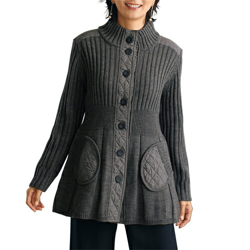 キルト切替えニットジャケット グレー ジャケット ニット 毛混 レディース 婦人服 ミセス シニア 女性 大人 キルト キルティング おしゃれ ハイネック 無地 シンプル フェミニン シニアファッション 40代 50代 60代 70代 80代 90代 母の日 お母さん 秋冬　nss　p27879｜健康と快適生活　店 9,425円