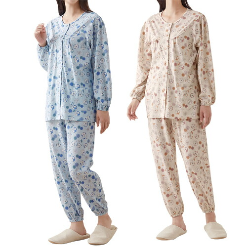 綿100％ 着替え楽らくゆったりパジャマ 全2色 パジャマ 前開き 花柄 寝間着 寝巻き 長袖 丸首 レディース 婦人服 ミセス シニア 女性 大人 長ズボン クルーネック ブルー ピンク 介護 入院 40代 50代 60代 70代 80代 90代 母の日 お母さん 春夏　pos　cer　p28576