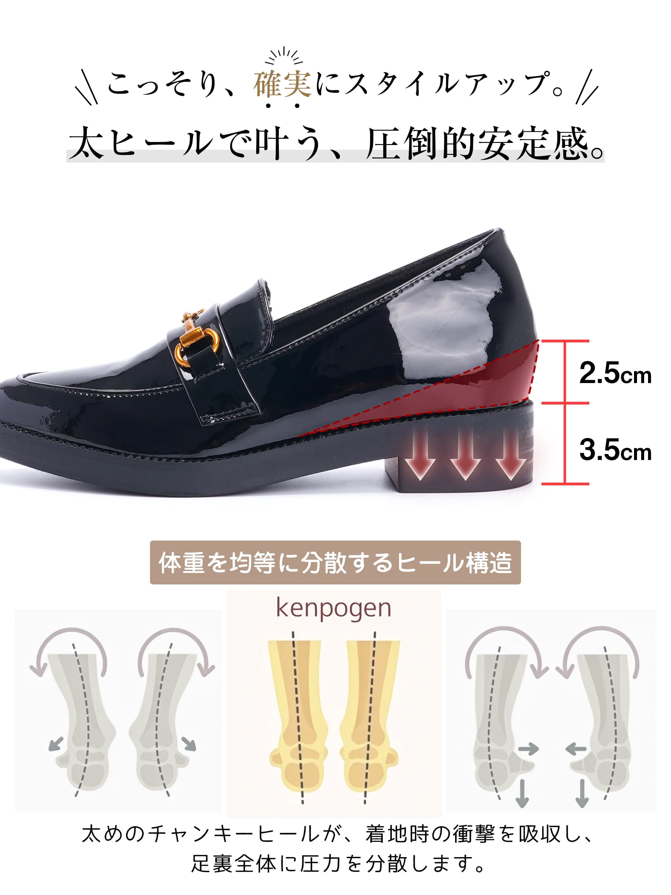 【限定全品P10倍】【交換無料】ローファー レディース KENPOGEN インヒール 6cmUP 選べる ビット チェーン コイン プレーン ポインテッドトゥ エナメル調 クッション 疲れにくい 歩きやすい 脱げにくい 柔らかい 美脚 通勤 仕事 ブラック 21.5-25cm ケンポゲン
